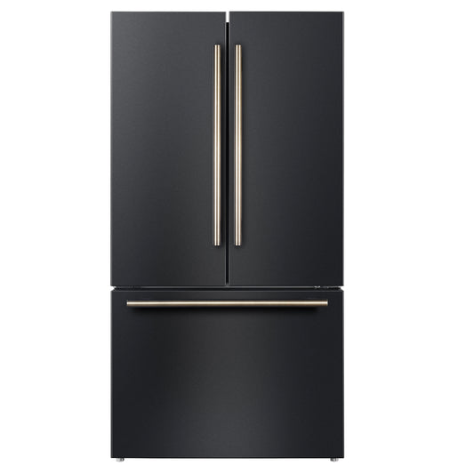 Forno Rivello 36 Inch French Door Refrigerator in Black with Antique Brass, Internal Water Dispenser, Filtered Ice, Adjustable Shelves, Energy Star Certified