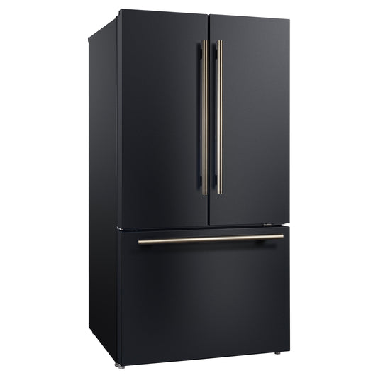 Forno Rivello 36 Inch French Door Refrigerator in Black with Antique Brass, Internal Water Dispenser, Filtered Ice, Adjustable Shelves, Energy Star Certified