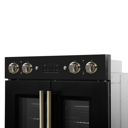 Forno Asti 30-Inch Double Electric Wall Oven with Upper French Doors in Black & Antique Brass, 7.36 cu. ft. Dual True Convection, 7,200W, Air Fry, Sous Vide, Self-Clean