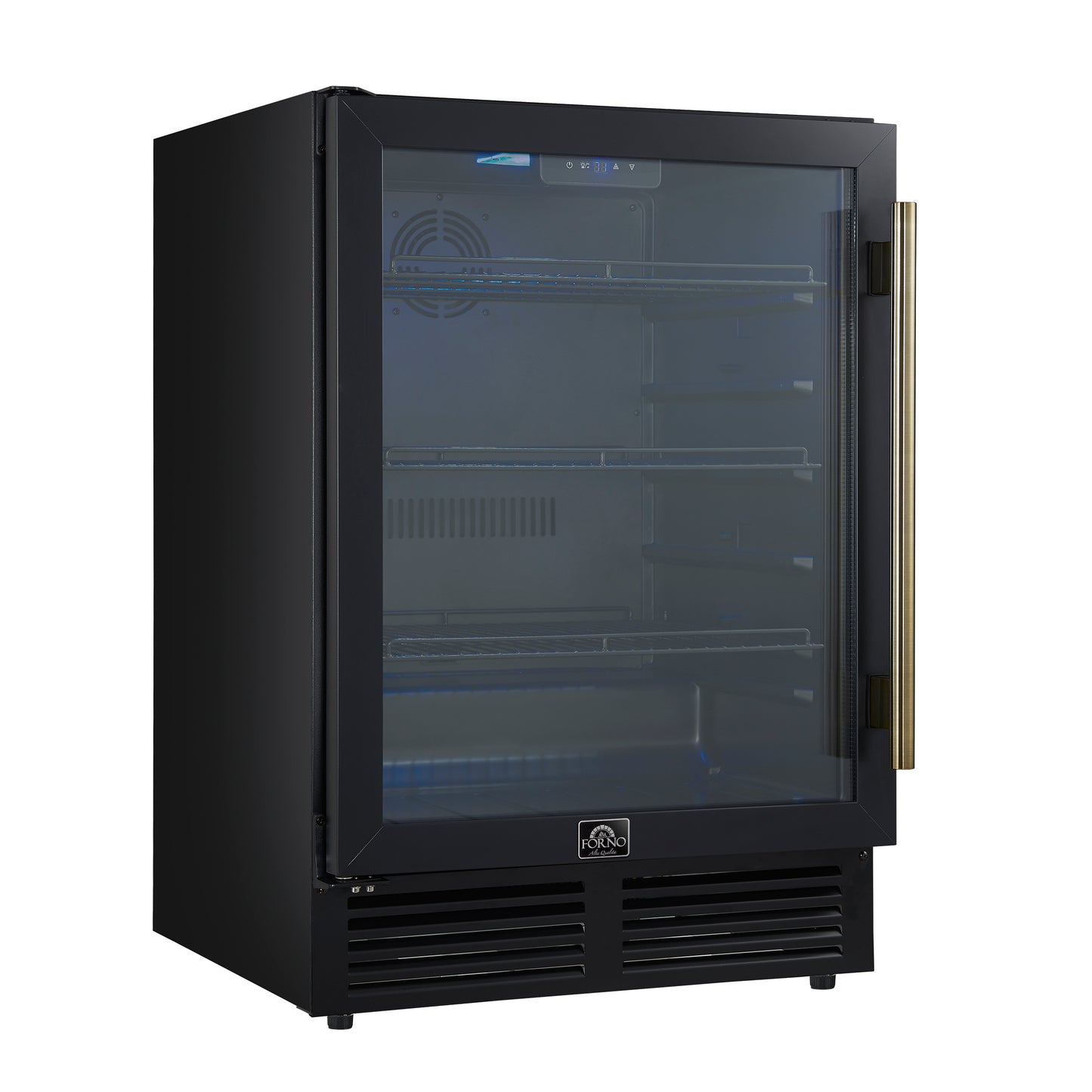 Forno Frescolino 24 Inch Beverage Cooler, Black with Antique Brass Handles, with LED Lighting, Triple Glass Door, 188 Can Capacity, Built-In or Freestanding