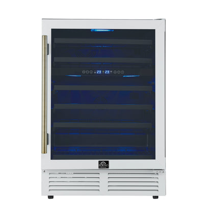 Forno Bacchino 24 Inch Wine Cooler, White with Antique Brass Handles, with LED Lighting, Triple Glass Door, 51 Bottle Capacity, Built-In or Freestanding